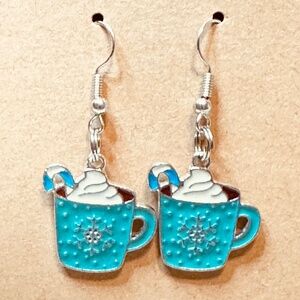 Stainless Steel Earring Hooks Dangle Teal Cocoa Cream Mug Silver Design Handmade
